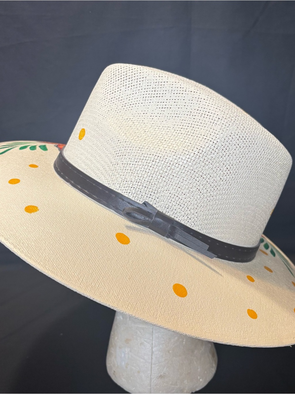 Hand-Painted Ivory Wide-Brim Hat with Orange Butterfly & Multicolor Hummingbird - Picture 4 of 7
